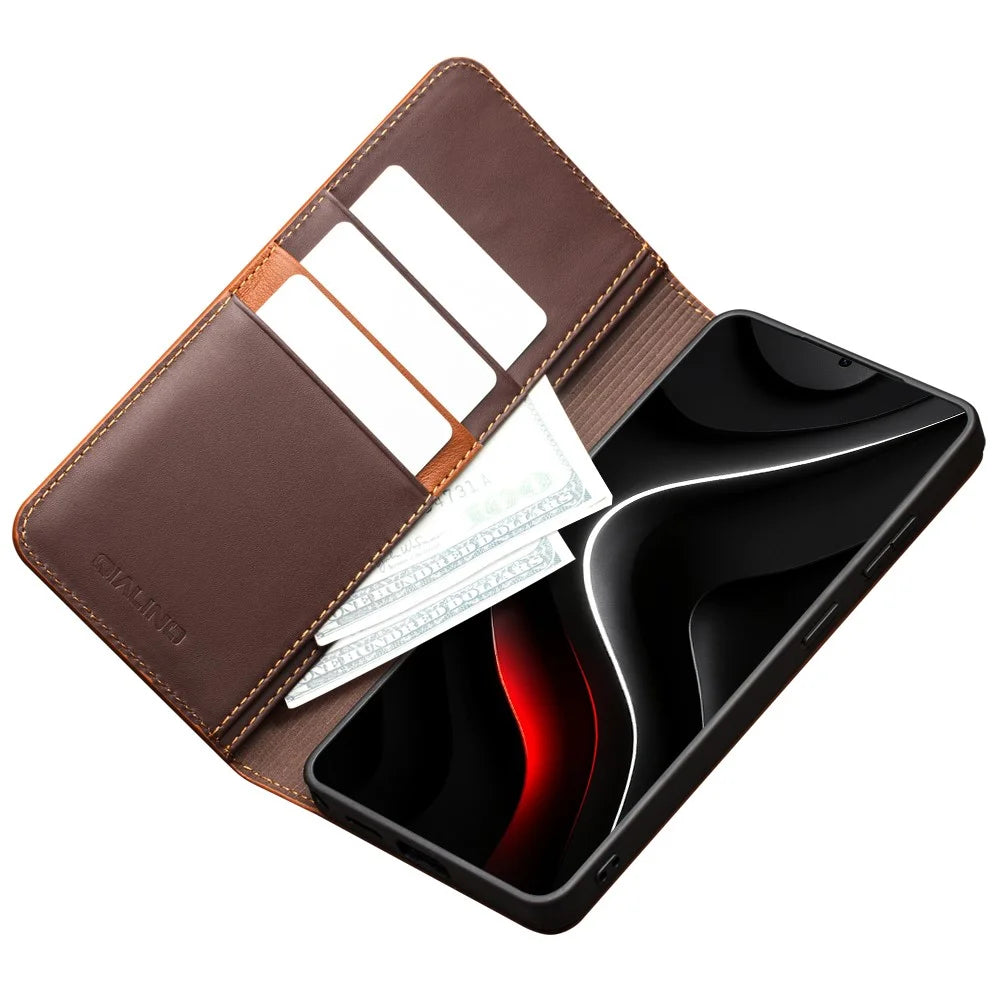QIALINO For Samsung Galaxy S26+ Wallet Case Stand Genuine Cow Leather Flip Phone Cover - Brown - 3