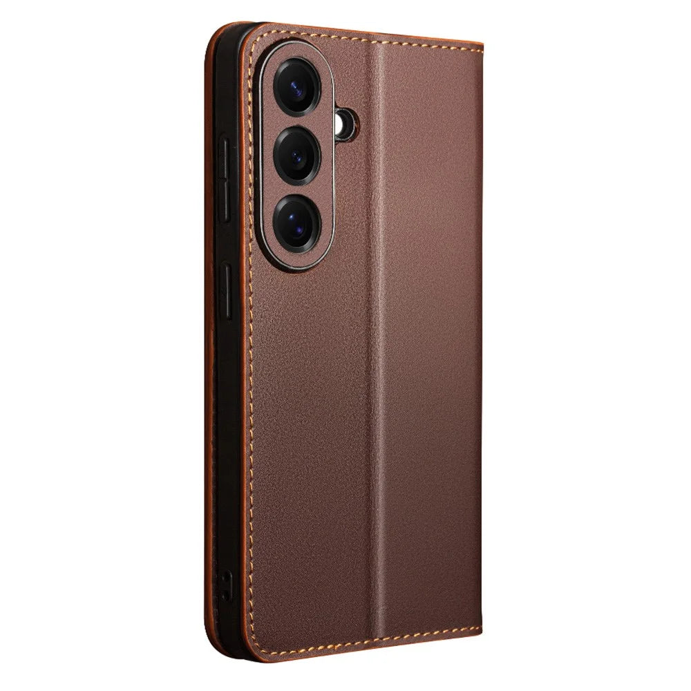 QIALINO For Samsung Galaxy S26+ Wallet Case Stand Genuine Cow Leather Flip Phone Cover - Brown - 4