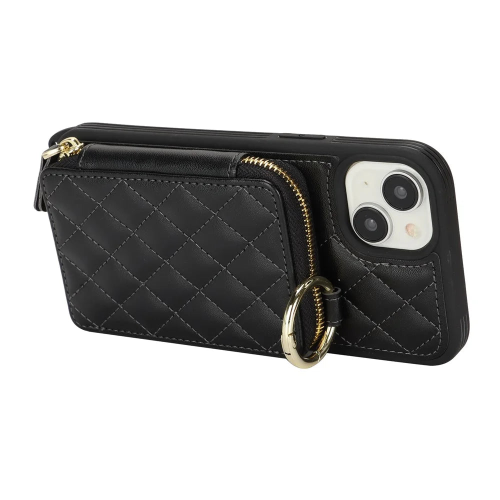 For iPhone 14 / 13 Case Ring Holder Zipper Pocket Kickstand Leather Back Phone Cover with Shoulder Strap - Black - 2