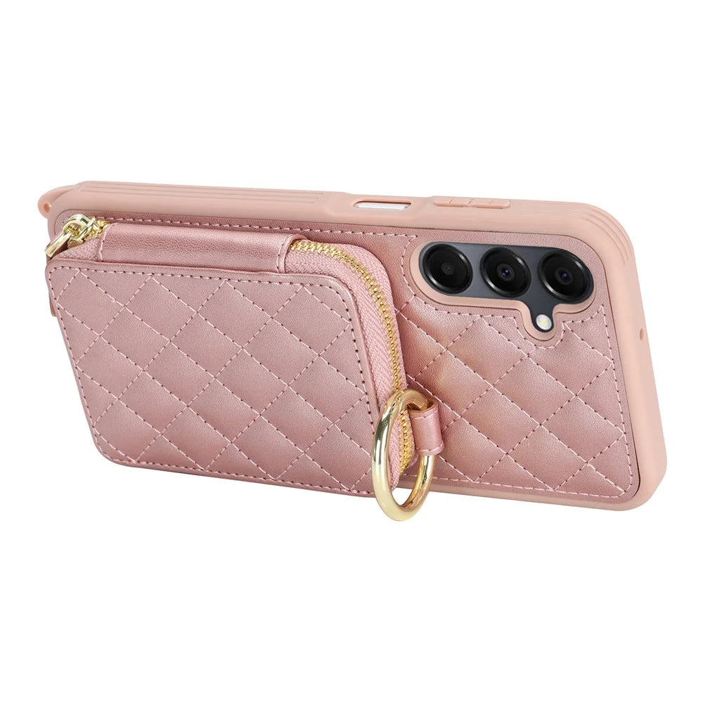 For Samsung Galaxy A16 5G / 4G Case Ring Holder Zipper Pocket Kickstand Leather Back Phone Cover with Shoulder Strap - Rose Gold - 5