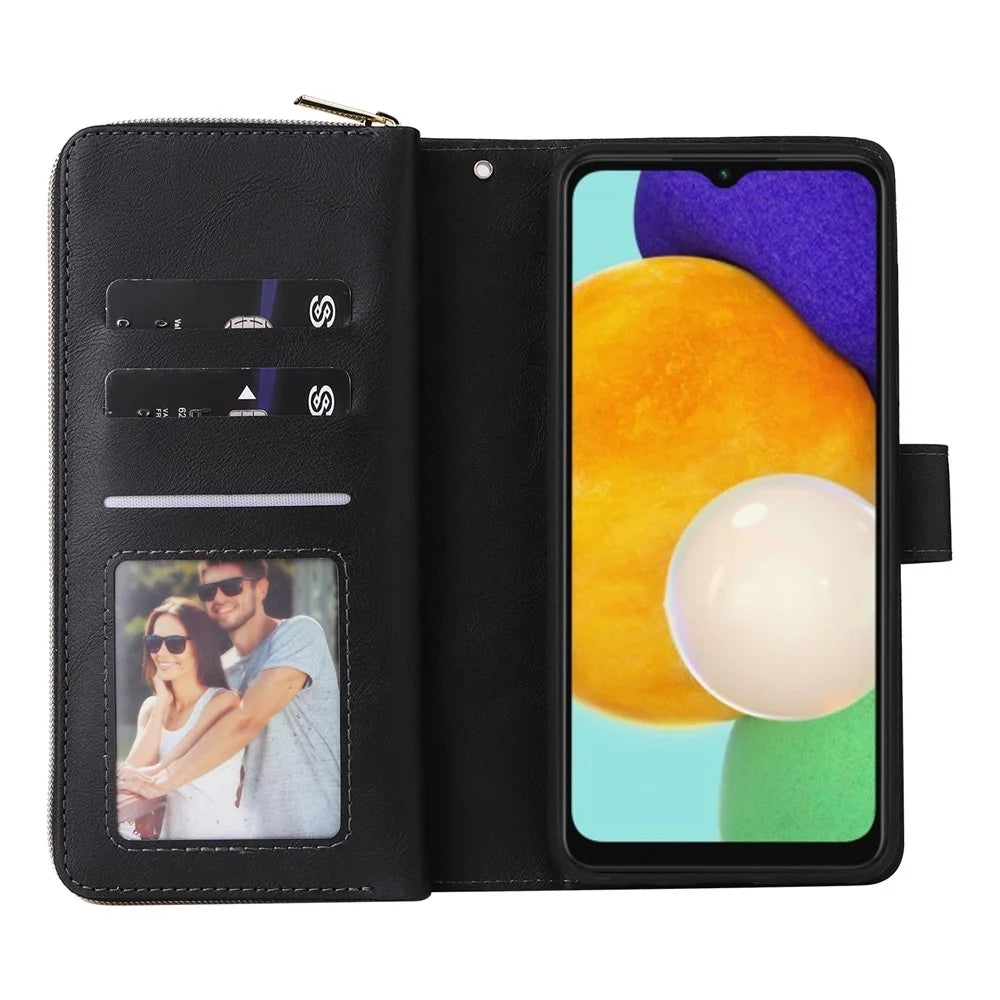 For Samsung Galaxy A14 5G / A14 4G PU Leather 9 Card Slots Phone Case Zipper Pocket Stand Wallet Cover with Strap - Black - 2