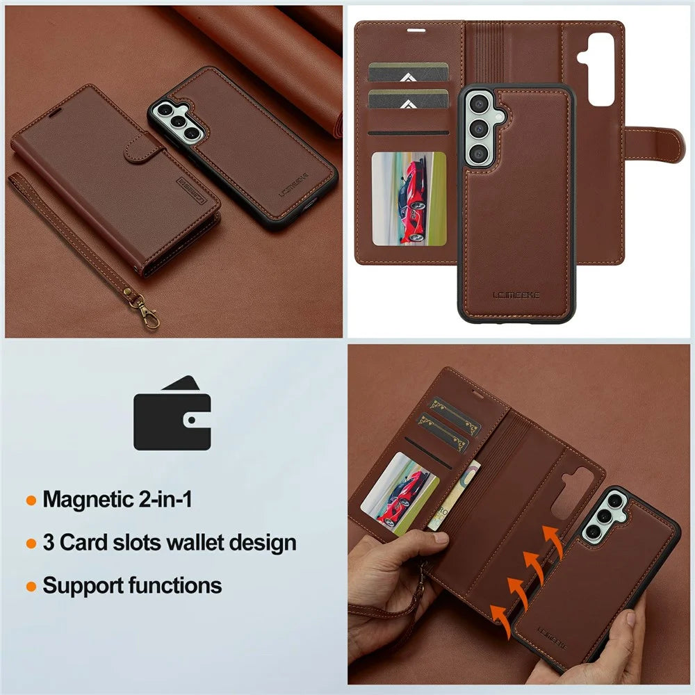 LC.IMEEKE L2 Series for Samsung Galaxy S26 Case PU Leather Wallet Detachable Magnetic Phone Cover - Brown - 7