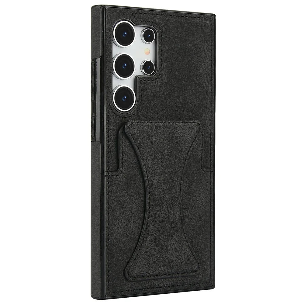 For Samsung Galaxy S26 Ultra Case Leather + TPU Phone Cover with Card Holder Kickstand - Black - 1