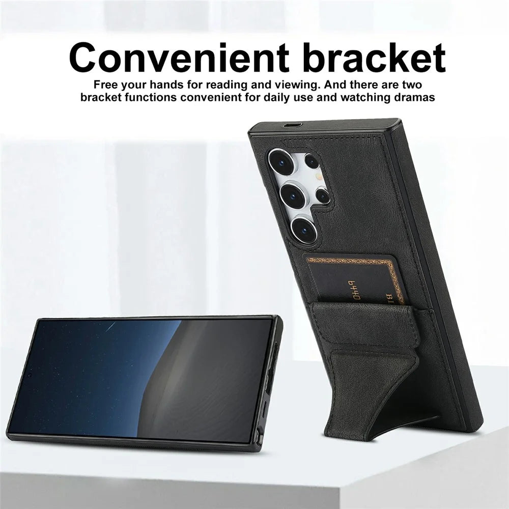 For Samsung Galaxy S26 Ultra Case Leather + TPU Phone Cover with Card Holder Kickstand - Black - 5