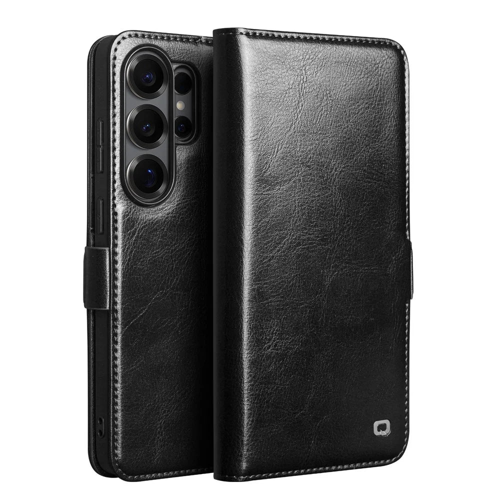 QIALINO For Samsung Galaxy S26 Ultra Case with Card Holder Genuine Cow Leather Stand Phone Cover - Black - 1