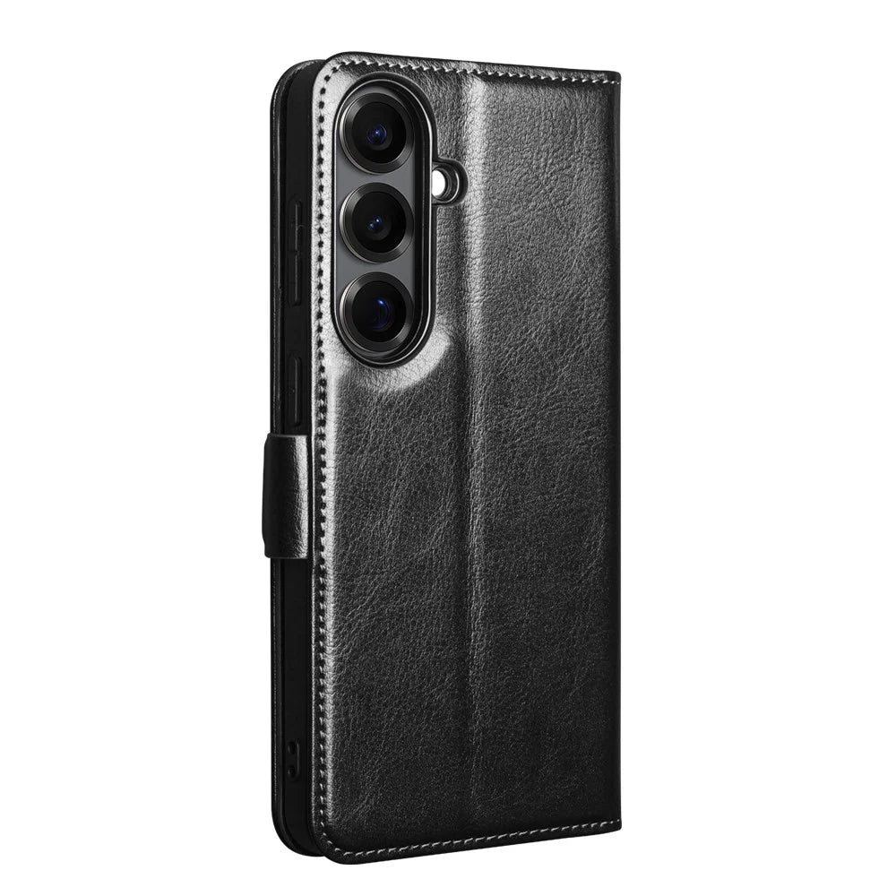 QIALINO For Samsung Galaxy S26+ Case with Card Holder Genuine Cow Leather Stand Phone Cover - Black - 4