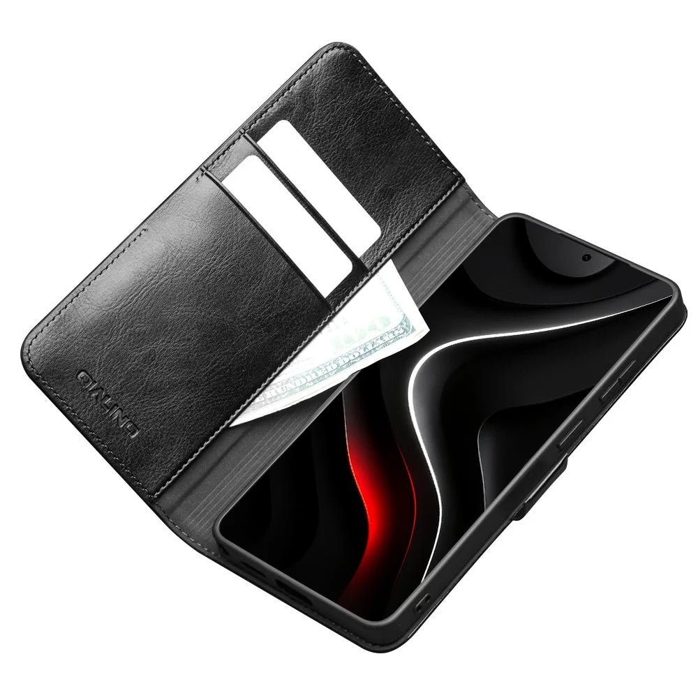 QIALINO For Samsung Galaxy S26 Case with Card Holder Genuine Cow Leather Stand Phone Cover - Black - 3
