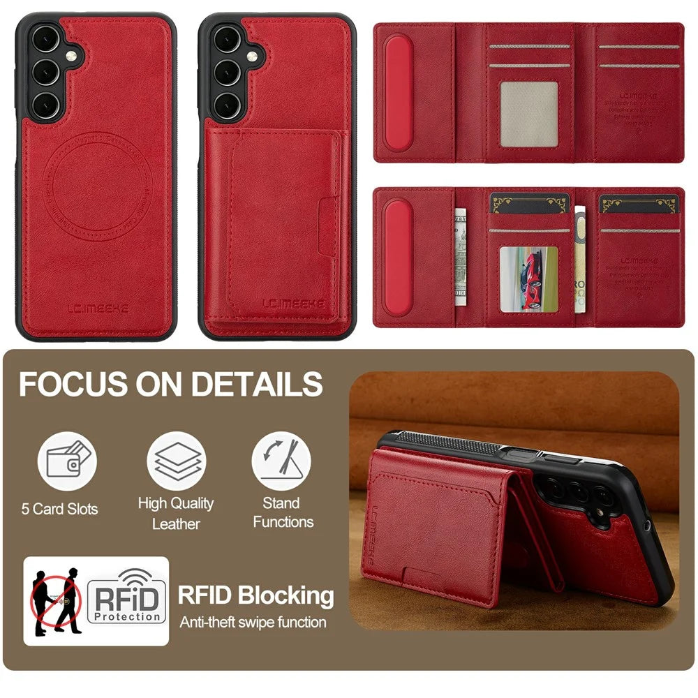LC.IMEEKE L5 For Samsung Galaxy S26+ Magnetic Phone Case Leather Back Cover with Detachable Card Holder - Red - 6