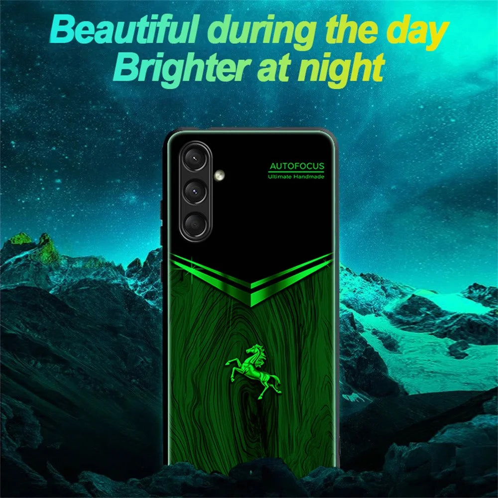 For Samsung Galaxy A16 5G / A16 4G Luminous Case Pattern Print Night Glow TPU + PC + Tempered Glass Phone Back Cover - Wood Texture Golden Horse - 5
