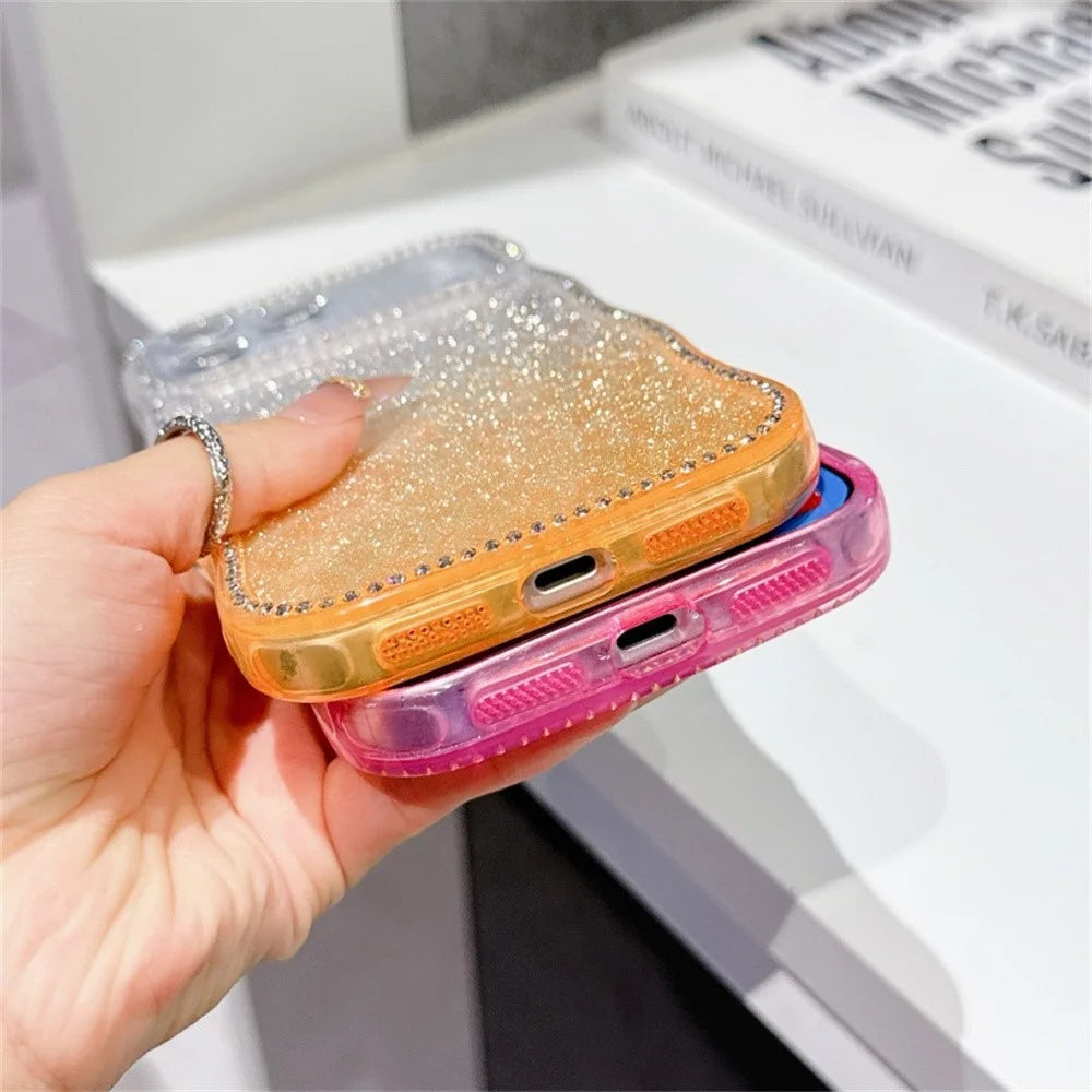 For iPhone  18 Pro / 17  Pro Case Rhinestone Decor Wave Frame TPU Phone Cover with Leopard Print Glitter Card - Gradient Orange - 4