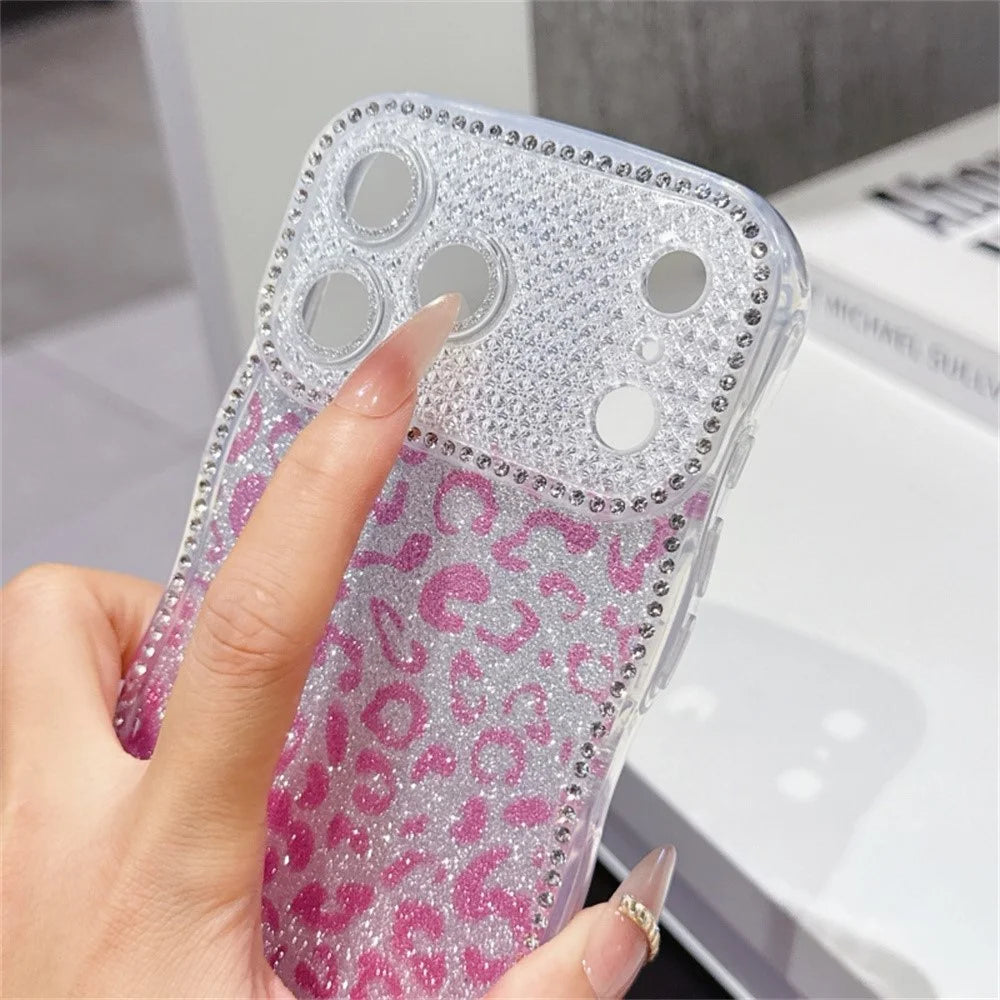For iPhone  18 Pro / 17  Pro Case Rhinestone Decor Wave Frame TPU Phone Cover with Leopard Print Glitter Card - Gradient Orange - 5