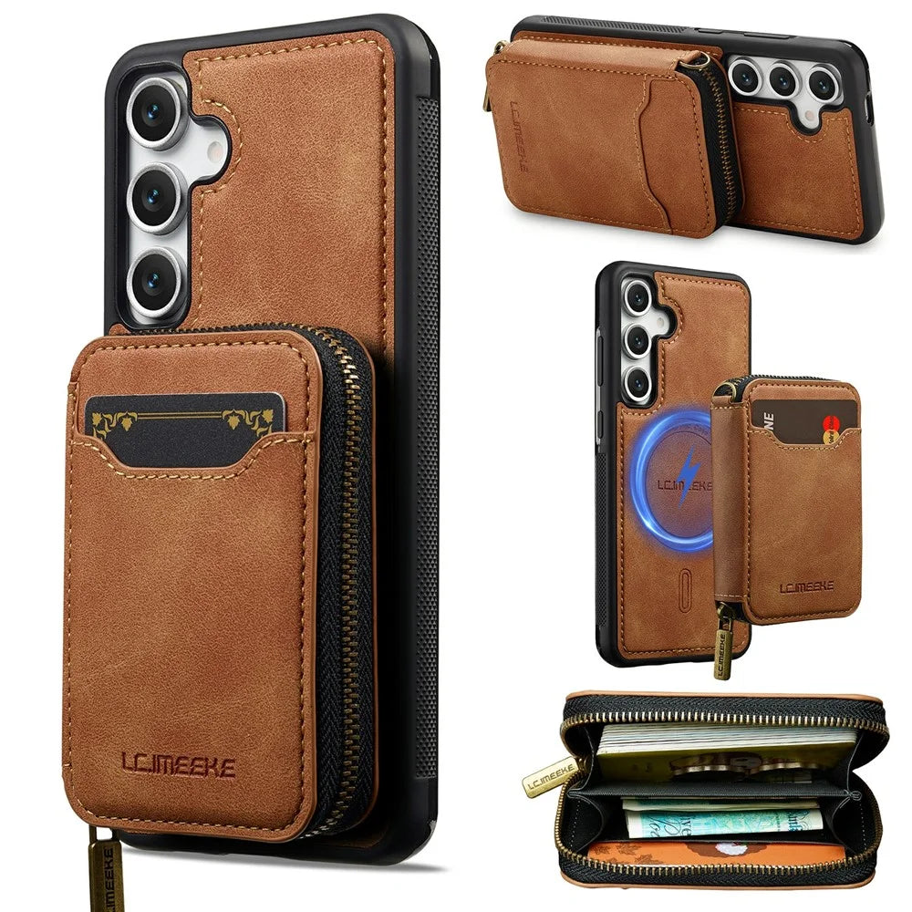 LC.IMEEKE L6 For Samsung Galaxy A57 5G Magnetic Case Detachable Zipper Wallet Leather Coated PC + TPU Phone Cover - Brown - 1