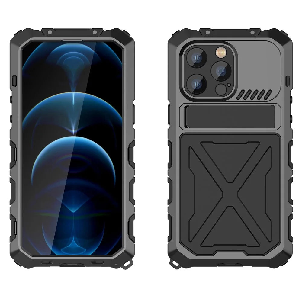 R-JUST Anti-drop Phone Case For iPhone 14 Pro Max, Silicone + Metal Scratch-resistant Cell Phone Cover Kickstand - Black - 2