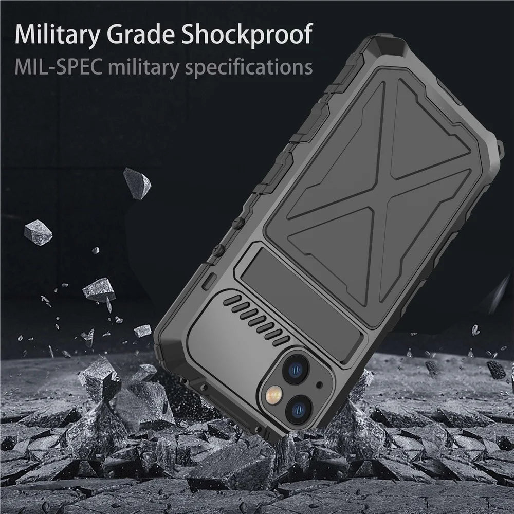 R-JUST For iPhone 14 Plus Silicone + Metal Protective Back Cover Kickstand Shockproof Smartphone Case - Black - 5