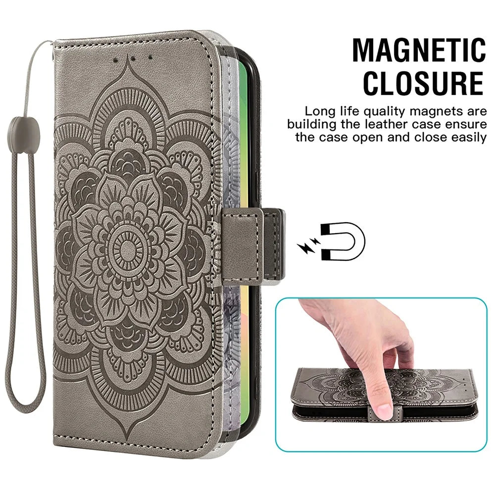 For Samsung Galaxy A55 5G Case Peony Imprinted  TPU PU Leather Wallet Phone Cover with Wrist Strap - Grey - 4