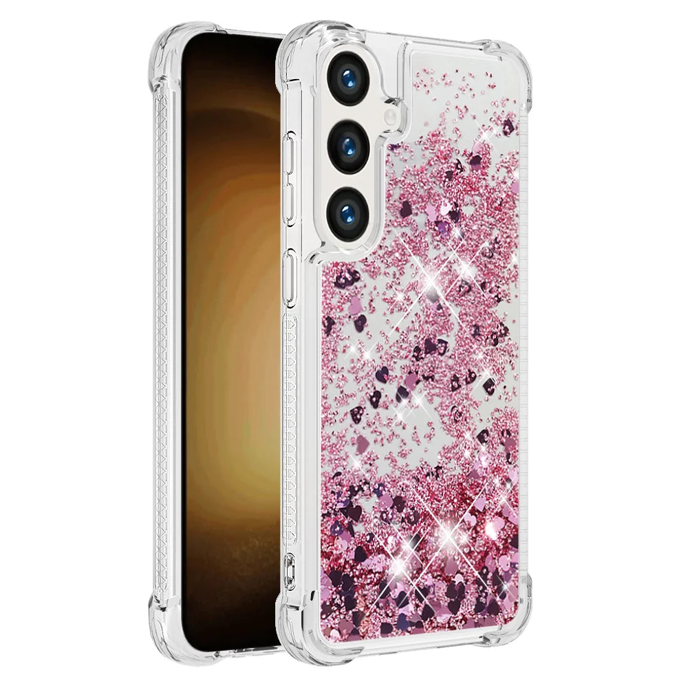 For Samsung Galaxy S26+ TPU Case Glitter Quicksand Shockproof Phone Back Cover - Rose Gold / Hearts - 1