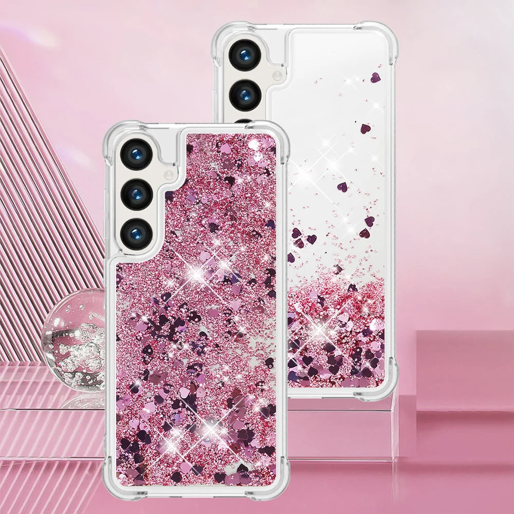 For Samsung Galaxy S26+ TPU Case Glitter Quicksand Shockproof Phone Back Cover - Rose Gold / Hearts - 7