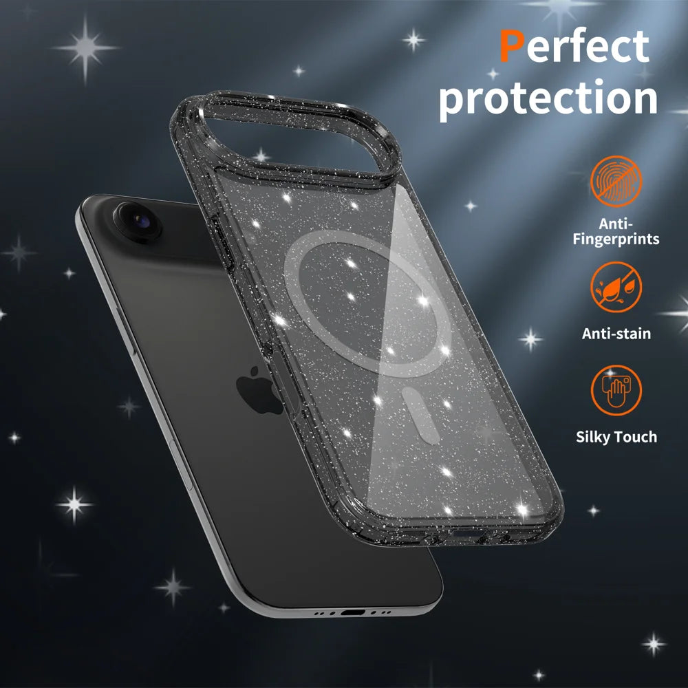For iPhone Air Magnetic Case Glitter Design TPU PC PET Drop Proof Phone Cover - Black - 5