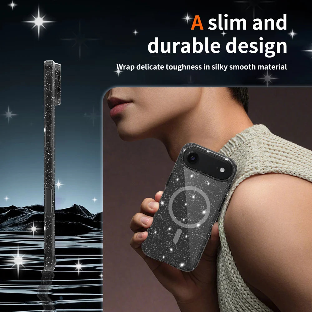 For iPhone Air Magnetic Case Glitter Design TPU PC PET Drop Proof Phone Cover - Black - 6