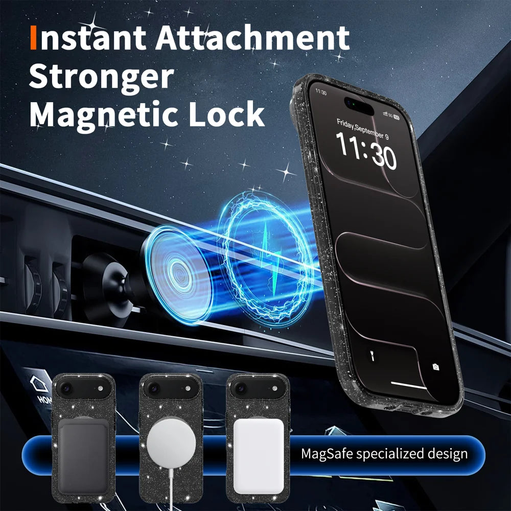 For iPhone Air Magnetic Case Glitter Design TPU PC PET Drop Proof Phone Cover - Black - 7
