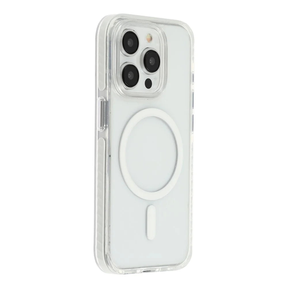 For iPhone 15 Pro Magnetic Case TPU PC Clear Phone Cover with Metal Buttons - White - 1