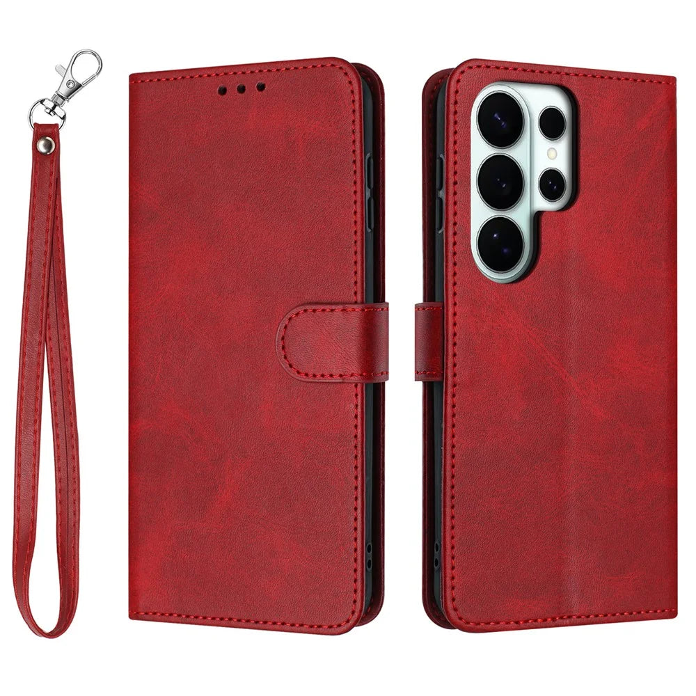 For Samsung Galaxy S26 Ultra Wallet Case Flip Stand Calf Texture PU Leather Phone Cover with Strap - Red - 1