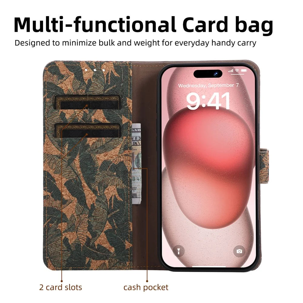 For iPhone Air Leather Wallet Case Bohemian-style TPU PU Phone Cover with Stand - Autumn Leaves - 2
