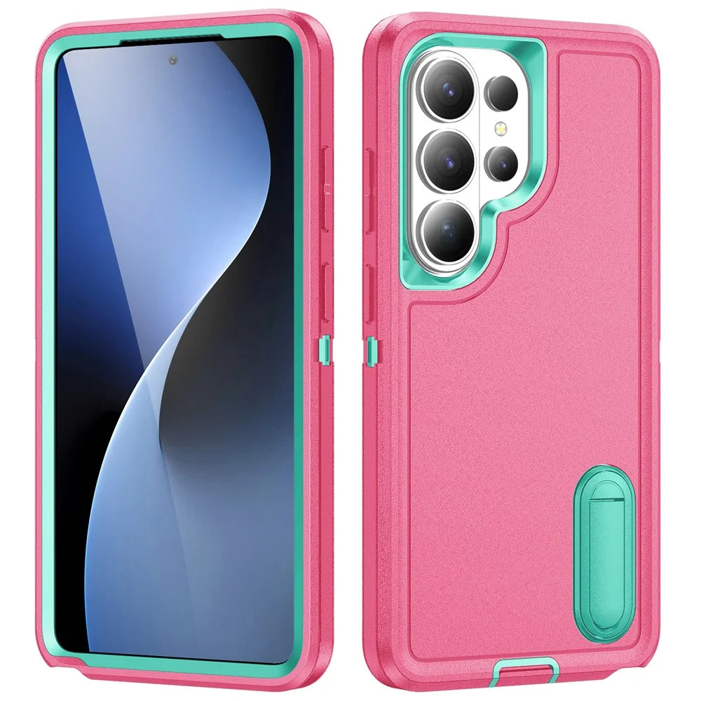 For Samsung Galaxy S26 Ultra Case PC + Silicone + EVA Anti-Drop Kickstand Phone Cover - Rose  /  Cyan - 1
