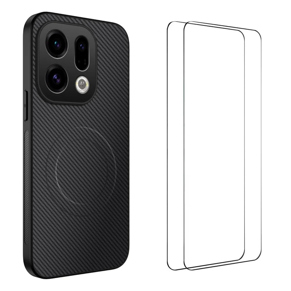 WANLONFENG For Oppo Find X9 5G Magnetic Case  TQ1 Series Carbon Fiber Texture PC TPU Phone Cover with 2Pcs Screen Films - Black - 1