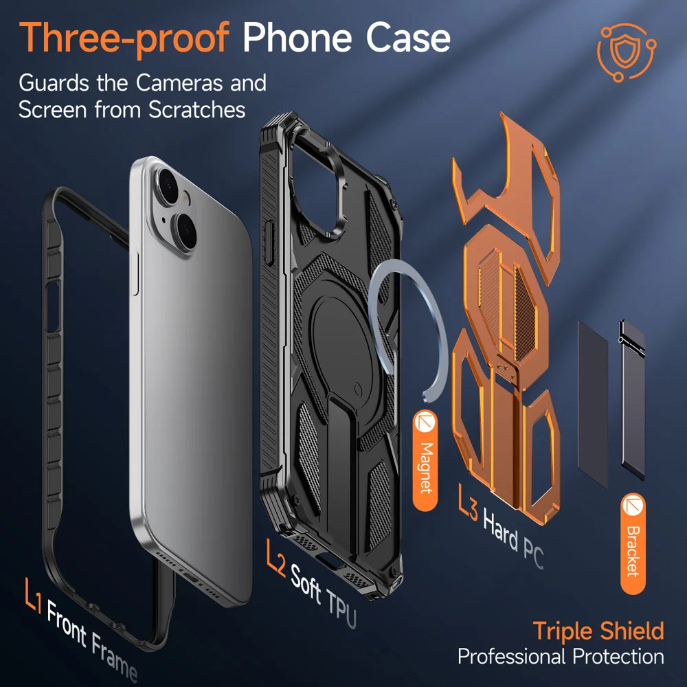 For iPhone 15 Magnetic Case TPU + PC Kickstand Phone Cover Drop Protection -  Orange - 4