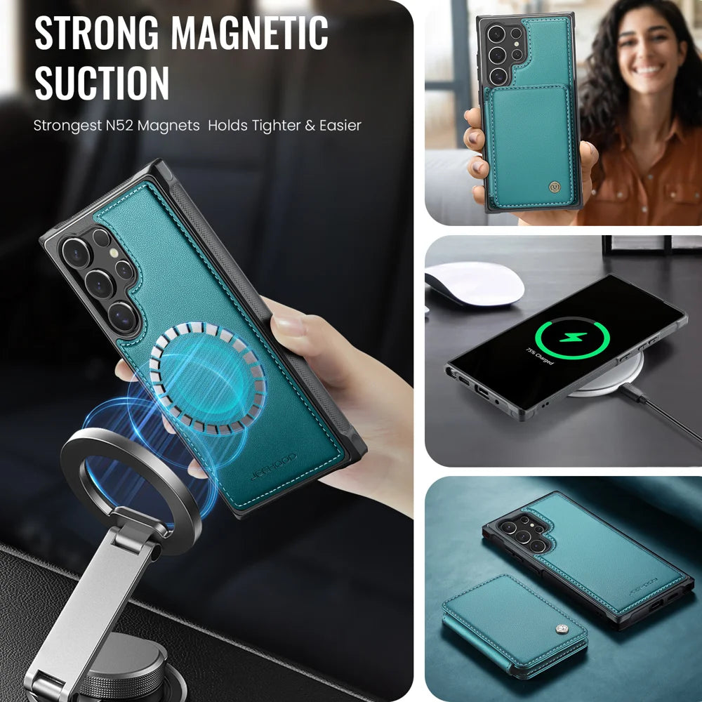 JEEHOOD For Samsung Galaxy S26 Ultra Case  J05 Leather Mobile Cover with Detachable Magnetic Card Bag - Blue - 3