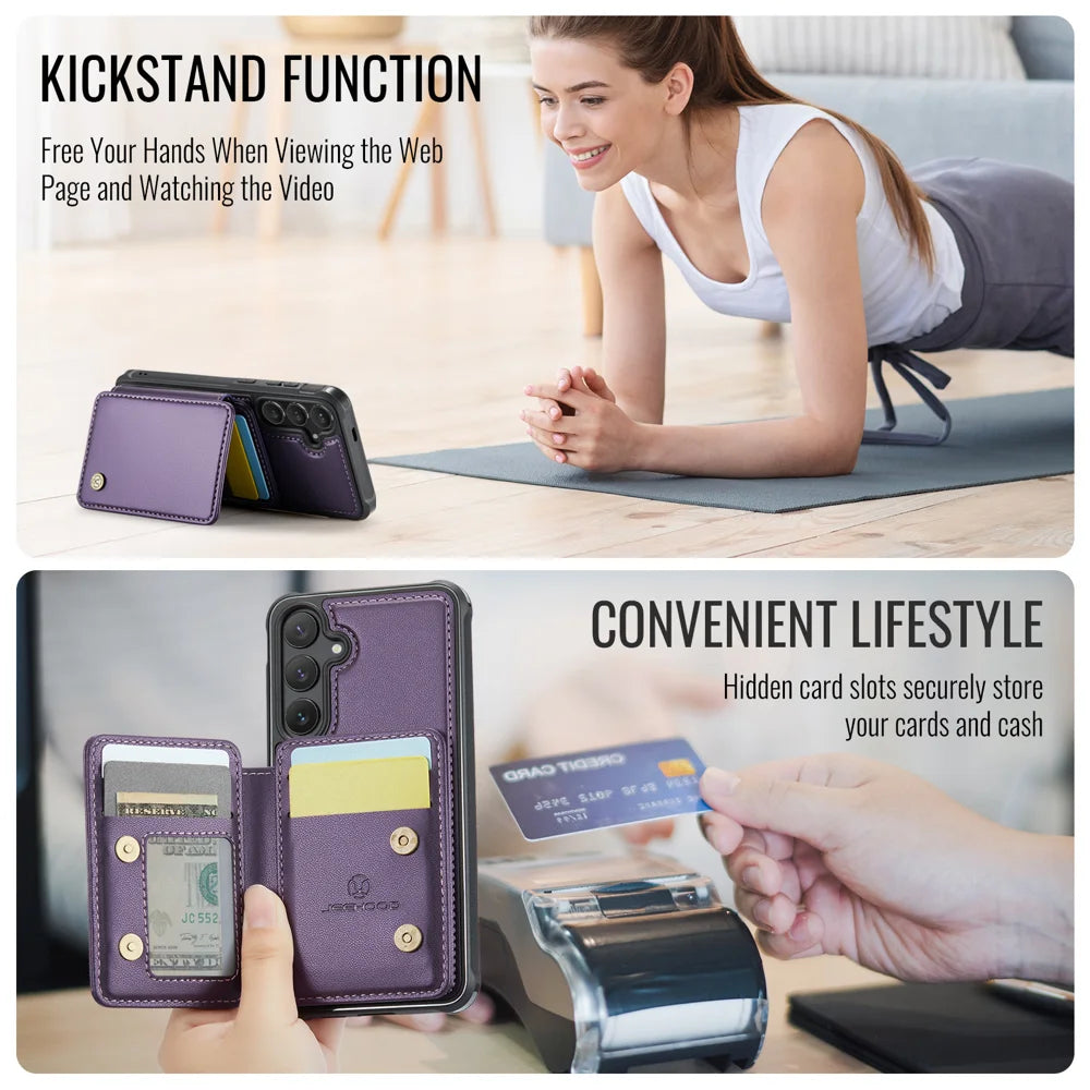 JEEHOOD For Samsung Galaxy S26 Case  J05 Leather Mobile Cover with Detachable Magnetic Card Bag - Purple - 2