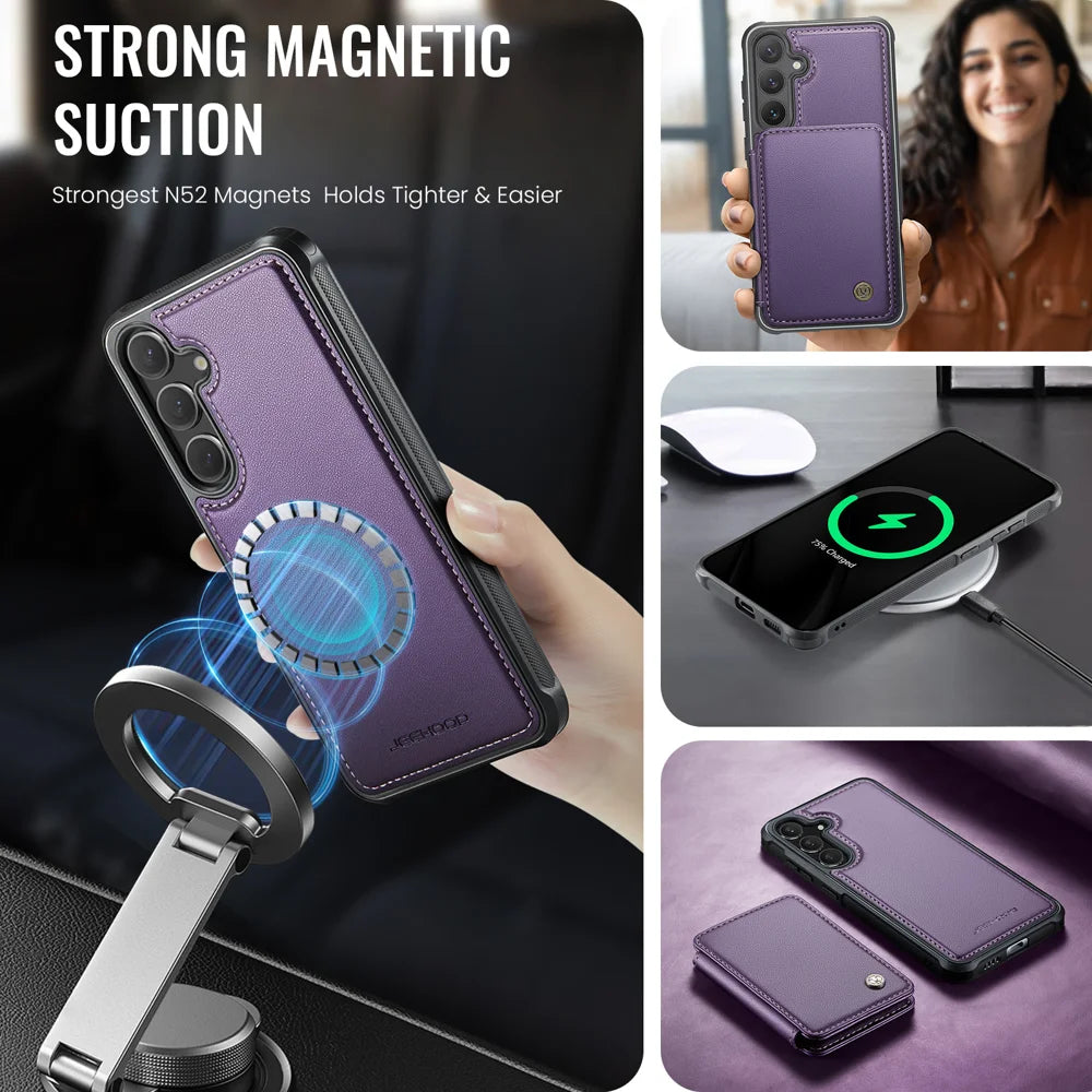 JEEHOOD For Samsung Galaxy S26 Case  J05 Leather Mobile Cover with Detachable Magnetic Card Bag - Purple - 3
