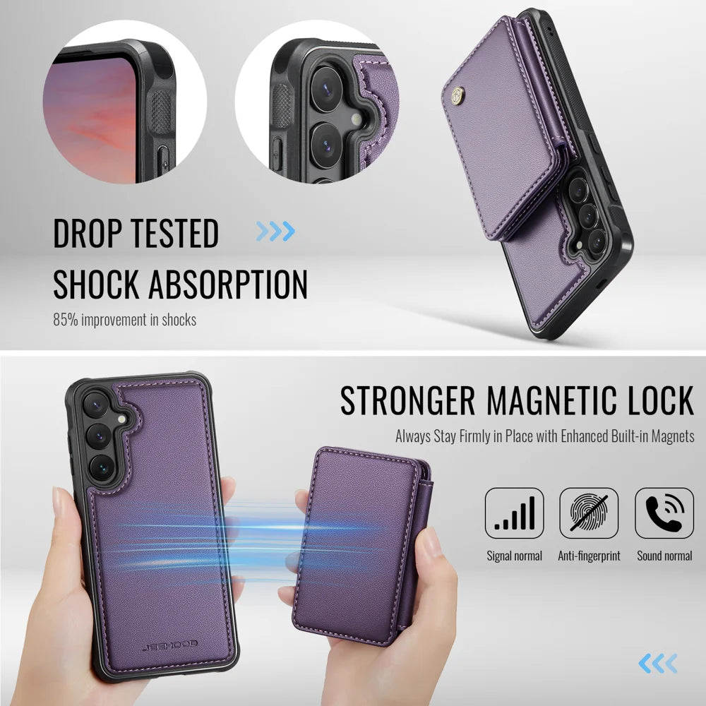 JEEHOOD For Samsung Galaxy S26 Case  J05 Leather Mobile Cover with Detachable Magnetic Card Bag - Purple - 6