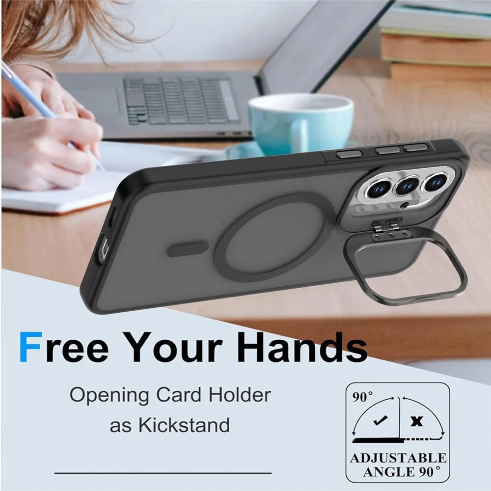For Samsung Galaxy S26 Magnetic Case Foldable Kickstand Matte PC + TPU Phone Cover - Black - 2