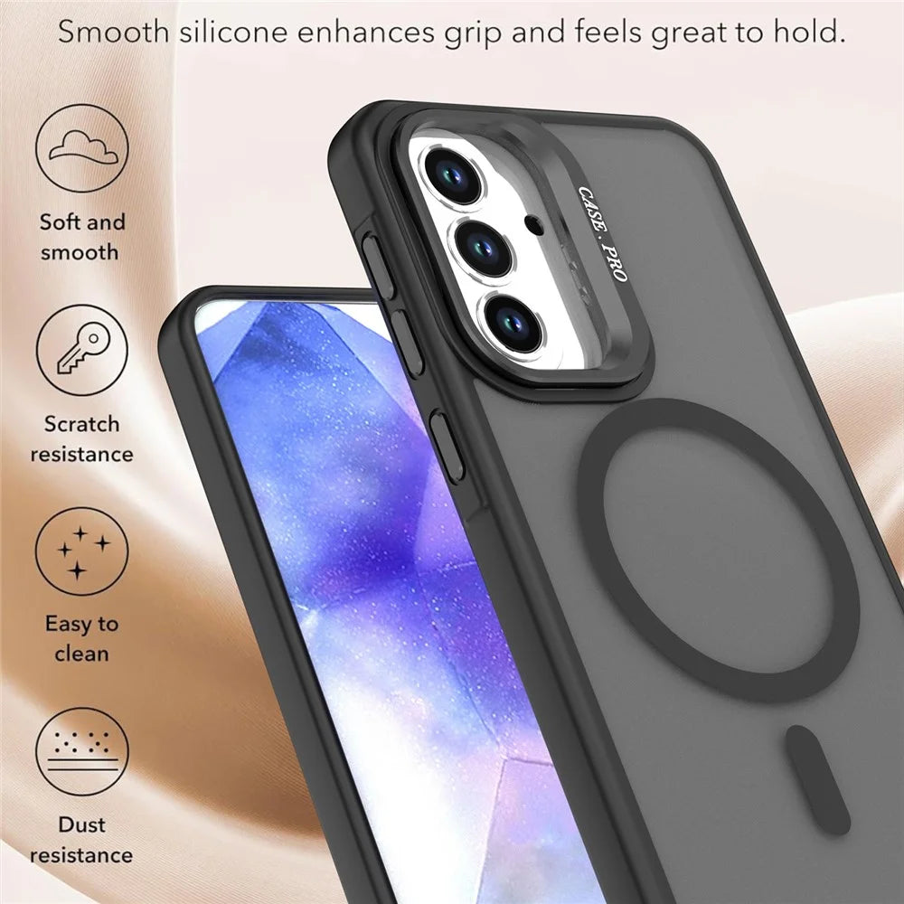 For Samsung Galaxy S26 Magnetic Case Foldable Kickstand Matte PC + TPU Phone Cover - Black - 6