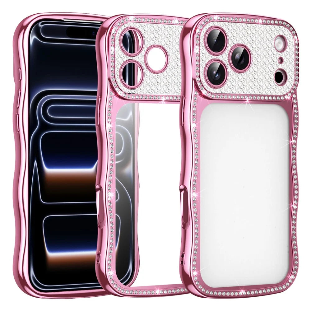 For iPhone 17 Pro Max Case Electroplated Wave Frame Rhinestone Decor TPU Phone Cover - Pink - 1