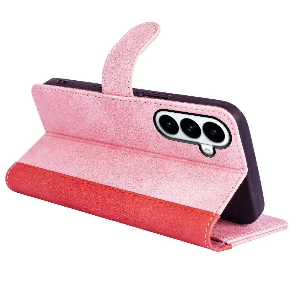 For Samsung Galaxy S26+ Wallet Case Leather Phone Cover Splicing Color - Pink - 3