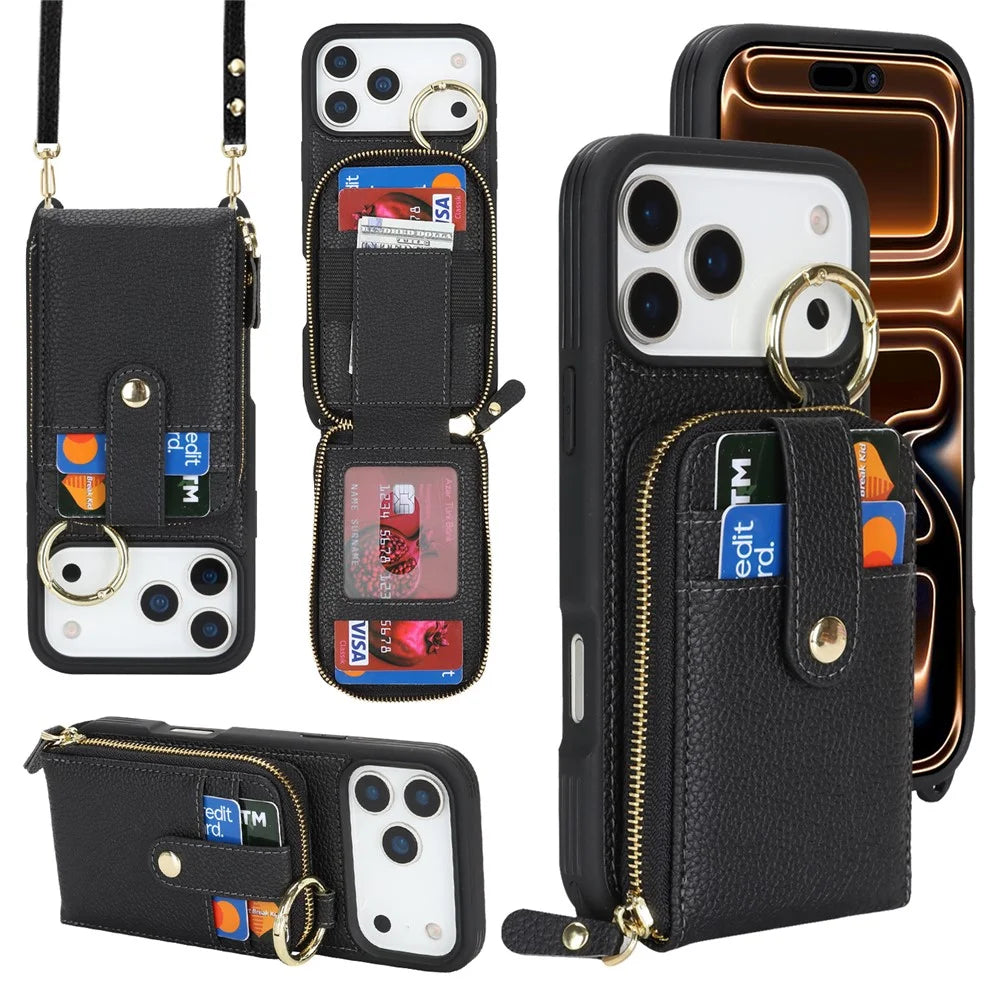 For iPhone 18 Pro Max / 17 Pro Max Case with Zipper Pouch  /  Ring Kickstand  /  Strap Litchi Texture PU + TPU Phone Cover - Black - 1