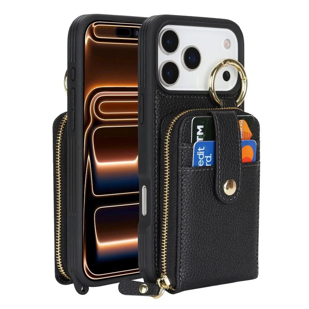 For iPhone 18 Pro Max / 17 Pro Max Case with Zipper Pouch  /  Ring Kickstand  /  Strap Litchi Texture PU + TPU Phone Cover - Black - 2