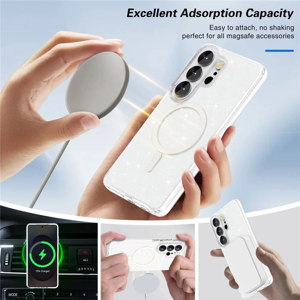 For Samsung Galaxy S26 Ultra Magnetic Case Glitter Powder PC + TPU Phone Cover - Transparent White - 6