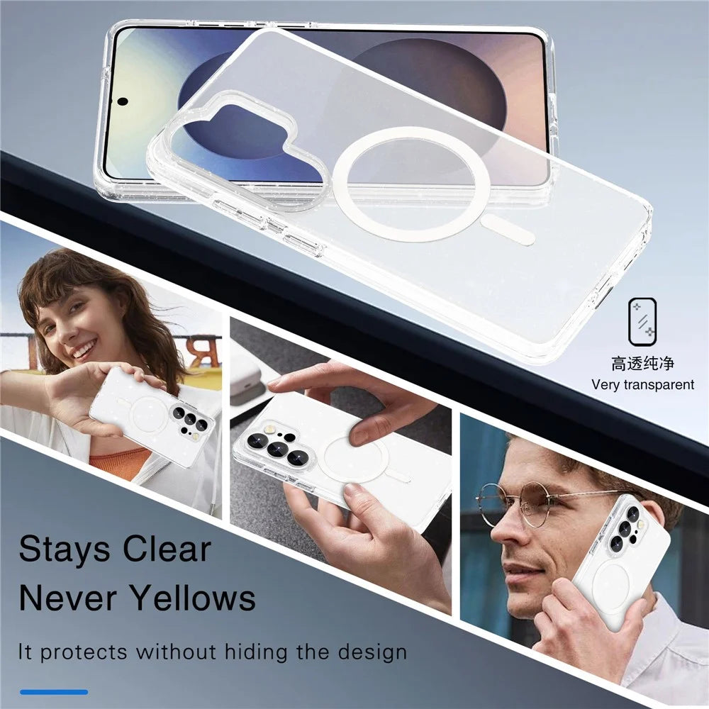 For Samsung Galaxy S26 Ultra Magnetic Case Glitter Powder PC + TPU Phone Cover - Transparent White - 7