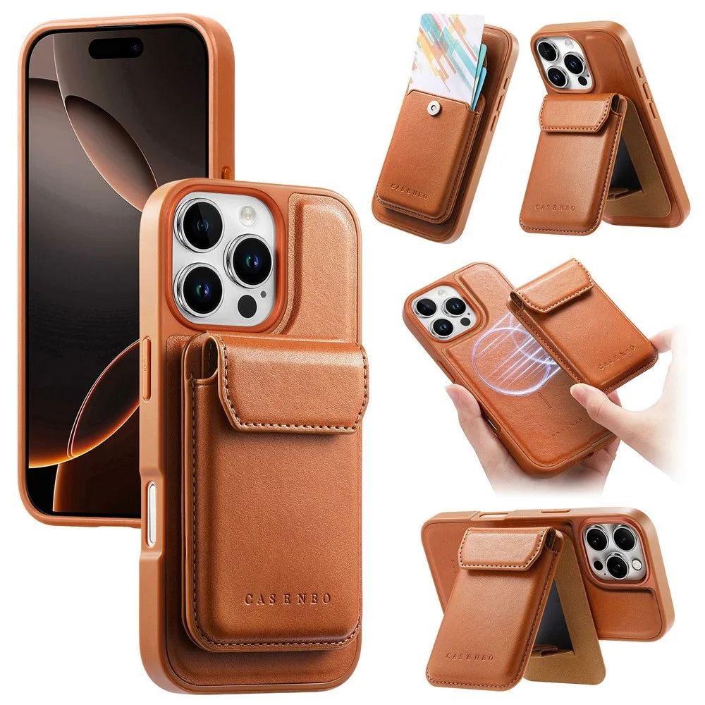 CASENEO For iPhone 16 Pro Magnetic Case PU Leather PC Phone Cover with Detachable Card Holder Kickstand Compatible with MagSafe - Brown - 1