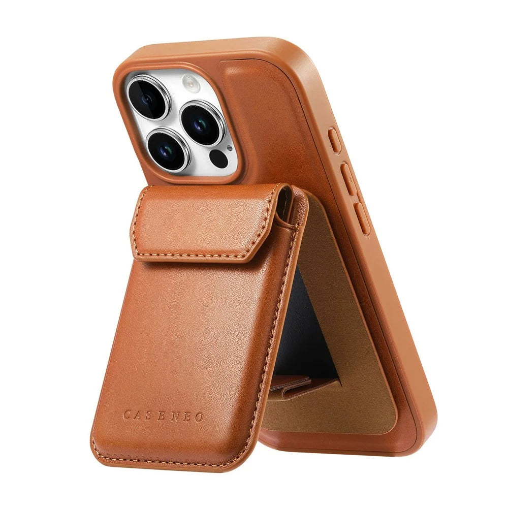 CASENEO For iPhone 16 Pro Magnetic Case PU Leather PC Phone Cover with Detachable Card Holder Kickstand Compatible with MagSafe - Brown - 2