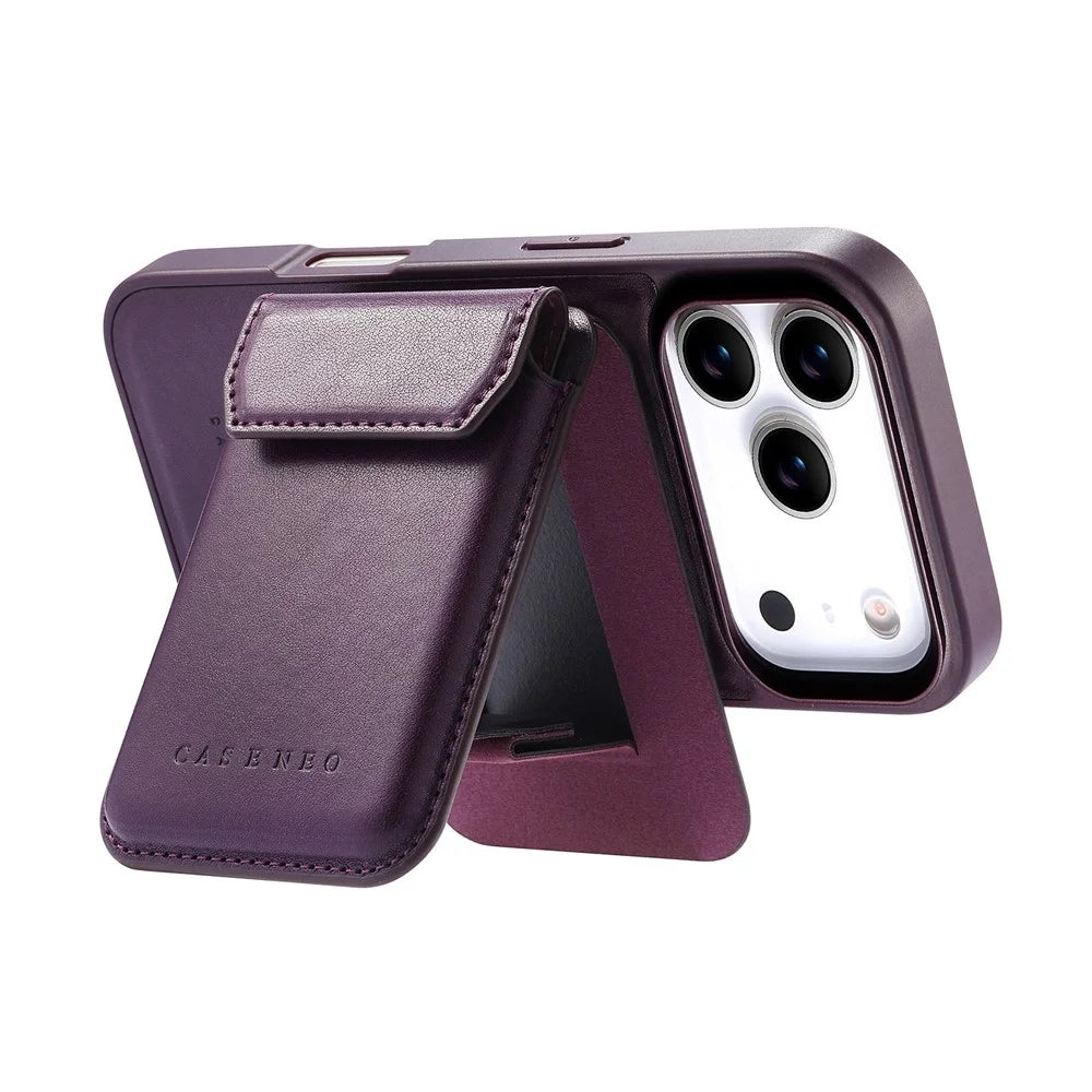 CASENEO For iPhone 18 Pro / 17 Pro Magnetic Case PU Leather PC Phone Cover with Detachable Card Holder Kickstand Compatible with MagSafe - Purple - 3