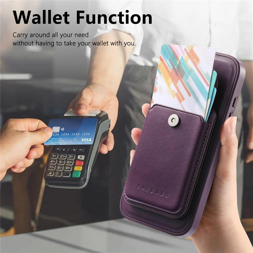 CASENEO For iPhone 18 Pro / 17 Pro Magnetic Case PU Leather PC Phone Cover with Detachable Card Holder Kickstand Compatible with MagSafe - Purple - 7