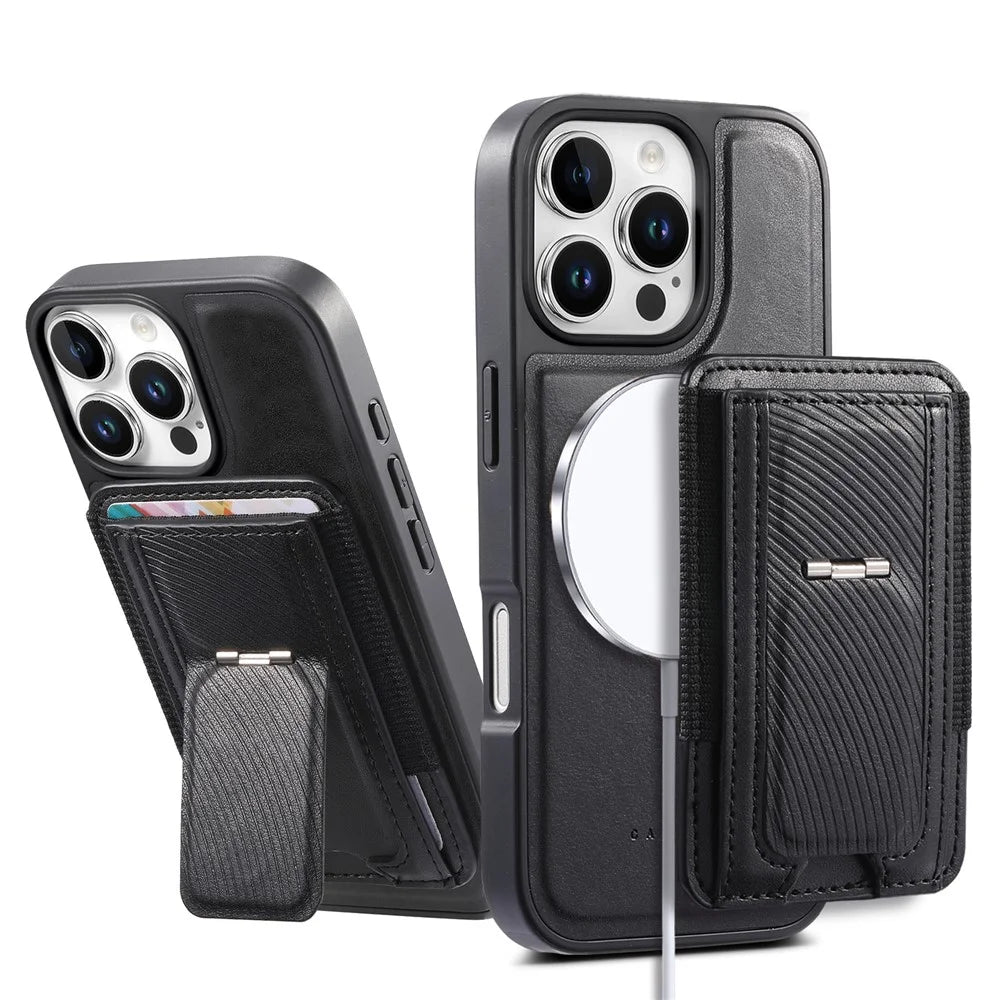 CASENEO For iPhone 16 Pro Max Case with Foldable Kickstand TPU PU Leather PC Card Bag Magnetic Phone Cover Compatible with MagSafe - Black - 5