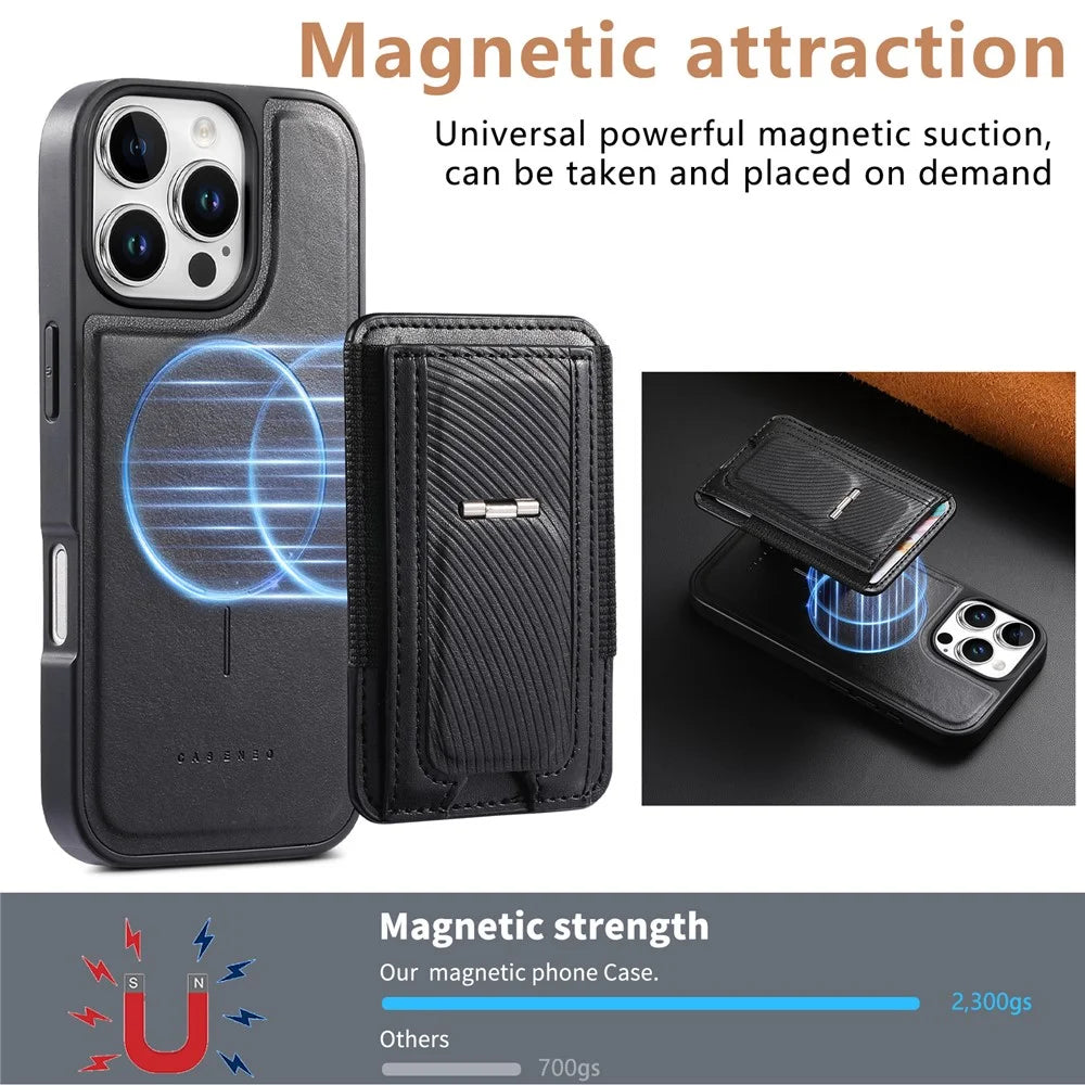 CASENEO For iPhone 16 Pro Max Case with Foldable Kickstand TPU PU Leather PC Card Bag Magnetic Phone Cover Compatible with MagSafe - Black - 6