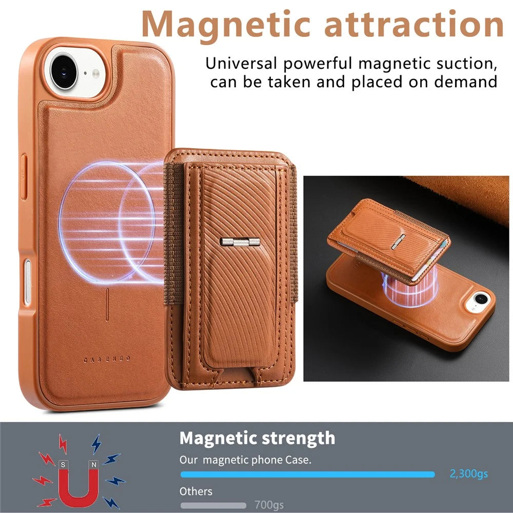 CASENEO For iPhone 17e / 16e Case with Foldable Kickstand TPU PU Leather PC Card Bag Magnetic Phone Cover  Compatible with MagSafe - Brown - 6