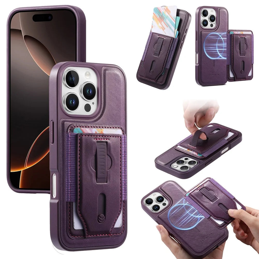 CASENEO For iPhone 16 Pro Magnetic Case with Detachable Card Slot TPU PU Leather Silicone Wristband PC Drop-proof Phone Cover Compatible with MagSafe - Purple - 1